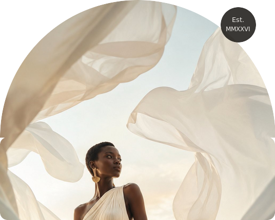A woman standing beneath flowing fabric in the daylight.